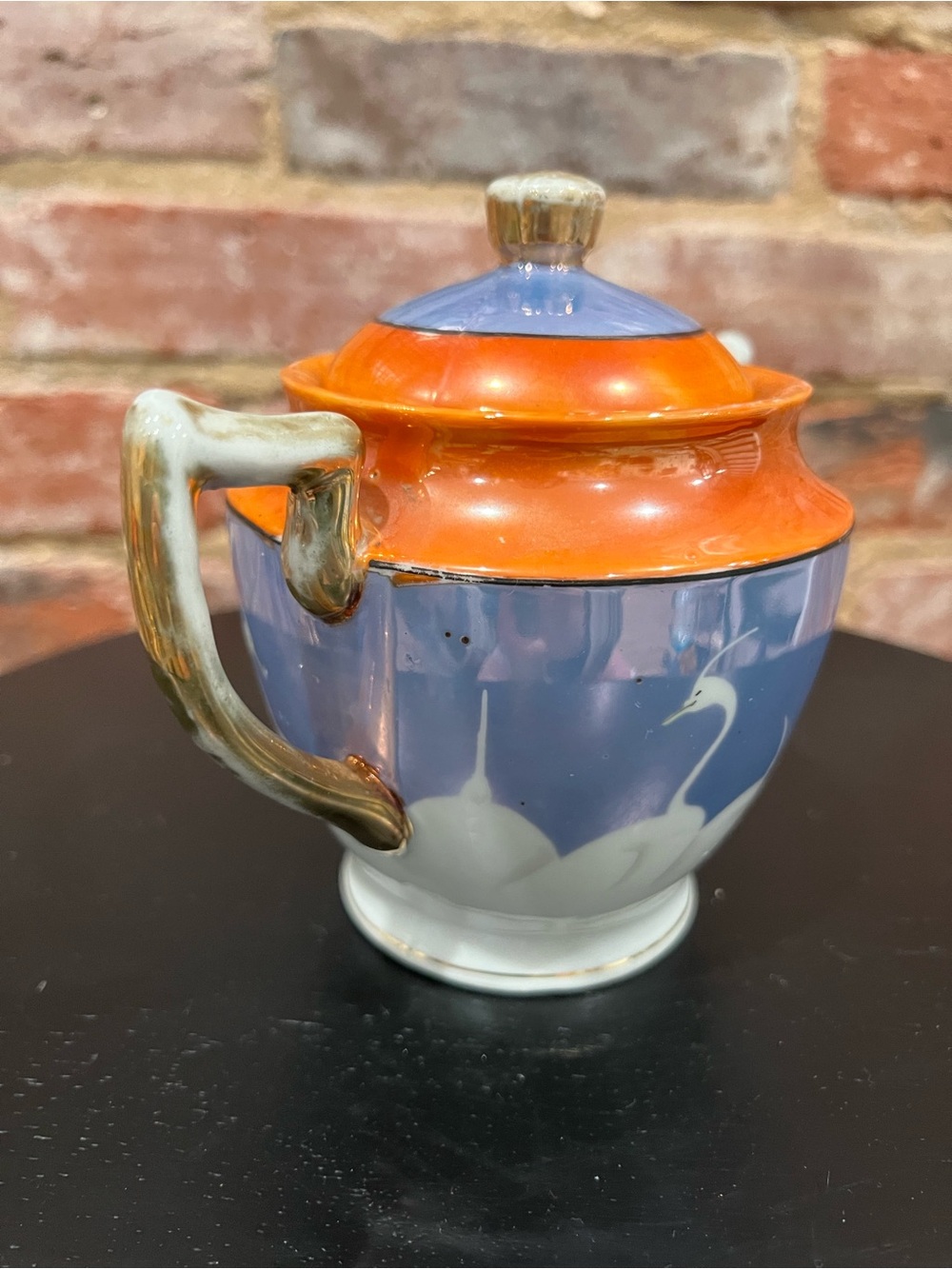 Vintage Blue and Orange Porcelain Lidded Swan Sugar Bowl with Gold Handles - Picture 2 of 6
